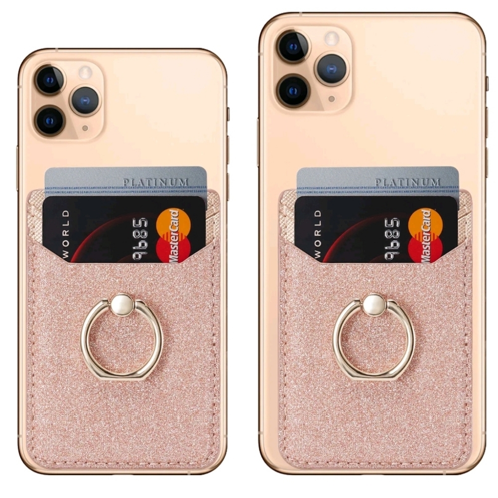 Rose Gold Leather Luxury Cellphone 2-tier Card Holder Wallet w/Finger Ring Stand